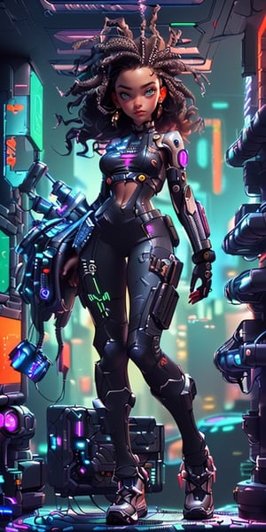 ((SFW Cyberpunk, best quality, masterpiece)), (very detailed), 3d, Friendly, (((Cyberpunk, sfw Hacker black girl, thick hair, African, Sci-Fi))), operating spaceship, servers computer, LCD screens, fiber optic cables, holographic panels, HDR (high dynamic range), ray tracing, NVIDIA RTX, super resolution, ureal engine 5