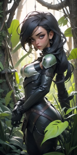 In this hauntingly cinematic and professionally composed photograph, ((black woman, cyber armor)) stands amid the eerie tranquility of a cemetery set deep in the heart of an overgrown jungle. The image is surrounded by a dark and melancholic atmosphere, where darkness prevails, casting long shadows and adding an air of deep sadness. ((black woman, dressed in cyber armor and worn out)), occupies the foreground of the frame. His strong jawline and chiseled features are highlighted by the soft, diffuse moonlight that filters through the dense canopy above. Her deep, melancholic eyes, framed by long lashes, look directly at the viewer. They are windows into your soul, revealing a feeling of deep contemplation and sadness. Her skin, kissed by pale moonlight, carries an ethereal quality, accentuating her striking appearance. There is a deep scar on his face, but it is tinged with an undeniable sense of sadness. disheveled hair, increasing the authenticity of the moment. The backdrop is a tapestry of darkness, with suggestions of mossy tombstones and gnarled trees barely visible in the periphery. Dense jungle foliage surrounds the cemetery, creating a cocoon of solitude where the ((black woman))'s emotions are laid bare. This close-up captures the raw intensity of ((black woman))'s emotions and adds a layer of intimacy to the narrative. He invites viewers to explore the depths of his soul as he grapples with the profound mysteries of life, death, and the haunting beauty of the jungle cemetery.