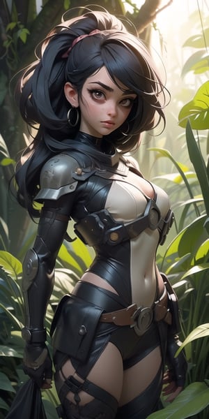 In this hauntingly cinematic and professionally composed photograph, ((black woman, cyber armor)) stands amid the eerie tranquility of a cemetery set deep in the heart of an overgrown jungle. The image is surrounded by a dark and melancholic atmosphere, where darkness prevails, casting long shadows and adding an air of deep sadness. ((black woman, dressed in cyber armor and worn out)), occupies the foreground of the frame. His strong jawline and chiseled features are highlighted by the soft, diffuse moonlight that filters through the dense canopy above. Her deep, melancholic eyes, framed by long lashes, look directly at the viewer. They are windows into your soul, revealing a feeling of deep contemplation and sadness. Her skin, kissed by pale moonlight, carries an ethereal quality, accentuating her striking appearance. There is a deep scar on his face, but it is tinged with an undeniable sense of sadness. disheveled hair, increasing the authenticity of the moment. The backdrop is a tapestry of darkness, with suggestions of mossy tombstones and gnarled trees barely visible in the periphery. Dense jungle foliage surrounds the cemetery, creating a cocoon of solitude where the ((black woman))'s emotions are laid bare. This close-up captures the raw intensity of ((black woman))'s emotions and adds a layer of intimacy to the narrative. He invites viewers to explore the depths of his soul as he grapples with the profound mysteries of life, death, and the haunting beauty of the jungle cemetery.