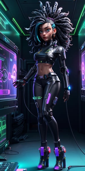 ((NSFW Cyberpunk, best quality, masterpiece, nsfw crop top)), (very detailed), 3d, Friendly, (((Cyberpunk, nsfw Hacker black girl, thick hair, African, crop top Sci-Fi))), operating spaceship, servers computer, LCD screens, fiber optic cables, holographic panels, HDR (high dynamic range), ray tracing, NVIDIA RTX, super resolution, ureal engine 5