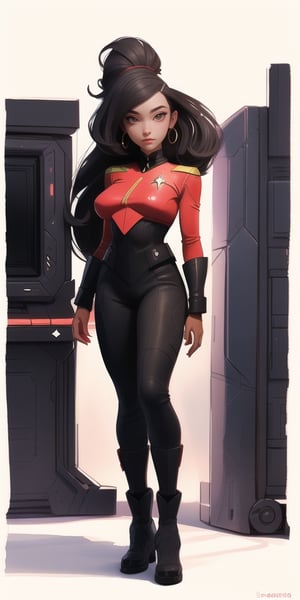 ((line drawing, watercolor, 1 girl, Uhura on uss enterprise bridge, natural pose, solo, looking at flight screen)), best quality, masterpiece, ultra detailed, pretty face, symmetrical face, detailed hands , well drawn hands, slender body, proportional body, full body, (star trek, uss enterprise bridge), high quality, 8k, art-station, digital painting