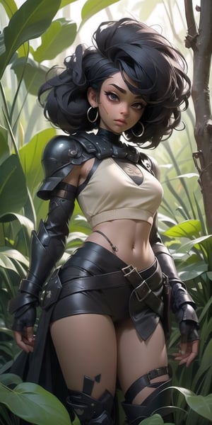 ((black woman, nsfw cyber armor crop top)) standing amidst the eerie tranquility of a cemetery situated deep in the heart of an overgrown jungle. The image is surrounded by a dark and melancholic atmosphere, where darkness prevails, casting long shadows and adding an air of deep sadness. ((black woman, dressed in crop top and worn nsfw cyber armor, black skin, African)), occupies the foreground of the painting. The backdrop is a tapestry of darkness, with suggestions of mossy tombstones and gnarled trees barely visible in the periphery. Dense jungle foliage surrounds the cemetery, ((black woman, black skin)), jungle cemetery.