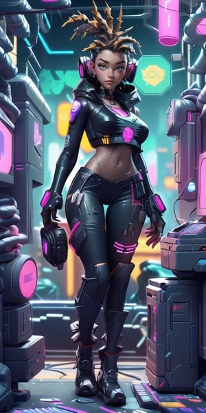 ((Best quality)), ((masterpiece)), (highly detailed:1.3), 3D, beautiful (cyberpunk:1.3) hacker woman with thick voluminous hair operating a computer terminal, nsfw