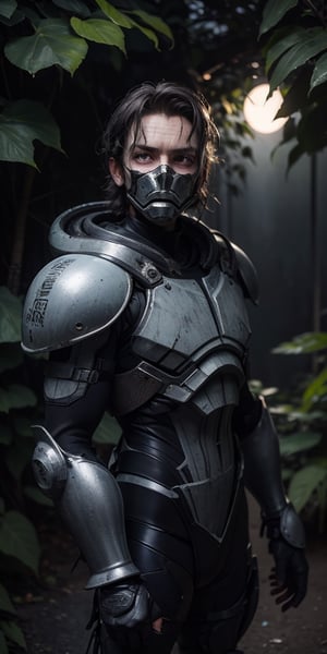 In this hauntingly cinematic and professionally composed photograph, we zoom in on the face of a ((cyber armor man)) standing amid the eerie tranquility of a cemetery set deep in the heart of an overgrown jungle. The image is surrounded by a dark and melancholic atmosphere, where darkness prevails, casting long shadows and adding an air of deep sadness. ((The man, dressed in cyber armor and worn out)), occupies the foreground of the frame. His strong jawline and chiseled features are highlighted by the soft, diffuse moonlight that filters through the dense canopy above. Her deep, melancholic eyes, framed by long lashes, look directly at the viewer. They are windows into your soul, revealing a feeling of deep contemplation and sadness. Her skin, kissed by pale moonlight, carries an ethereal quality, accentuating her striking appearance. There is a deep scar on his face, but it is tinged with an undeniable sense of sadness. disheveled hair, increasing the authenticity of the moment. The backdrop is a tapestry of darkness, with suggestions of mossy tombstones and gnarled trees barely visible in the periphery. Dense jungle foliage surrounds the cemetery, creating a cocoon of solitude where the ((man))'s emotions are exposed. This close-up captures the raw intensity of ((man))'s emotions and adds a layer of intimacy to the narrative. He invites viewers to explore the depths of his soul as he grapples with the profound mysteries of life, death, and the haunting beauty of the jungle cemetery.