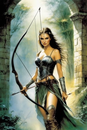 Luis Royo style illustration of a beautiful female archer, similar to Natalie Portman, in the ruins of a castle invaded by the forest.