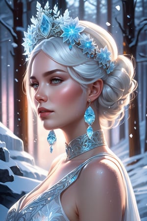 Woman with platinum hair, in a dress of ice flowers, a beautiful crown on her head, detailed face, detailed skin, front, background frozen forest, cover, unzoom, choker, hyperdetailed painting, luminism, Bar lighting, complex, 4k resolution concept art portrait by Greg Rutkowski, Artgerm, WLOP, Alphonse Mucha, little fusion pojatti realistic goth, fractal isometrics details bioluminescens : a stunning realistic photograph 30 years