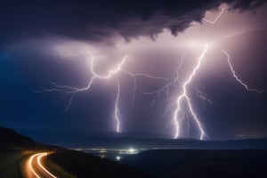 A photograph capturing an incredible shot of a lightning storm, where jagged bolts of electricity streak across the sky, illuminating the landscape with a brilliant, ethereal glow. The dark clouds roil and churn, creating a dramatic backdrop for nature's electric display.