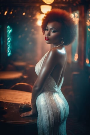 foggy nostalgic vibrant capture reminiscent of the 1920s Art Deco movement, walking busty sexy woman colorized portrait of a captivating afro albino passionate wet skin. Shot originally on old Polaroid film in hot old foggy room, still life, Sander's, bokeh effects, sparky lights