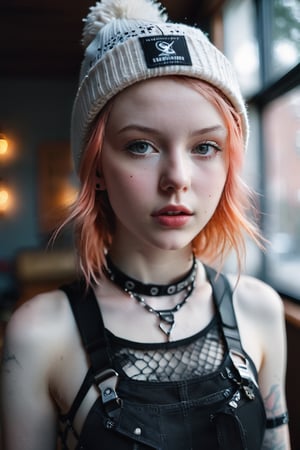 Thorough, analog style, eye focus, highest quality, (highly detailed skin), photo of a exquisitely beautiful pale skin punk Dutch girl, 21yo, (wearing harness, and beanie), perfect face, alluring eyes, [seductive makeup], skin pores, (piercing:0.5), indoor, messy bedroom, (bokeh:0.6), sharp focus, dappled lighting, (backlighting:0.7), film grain, photographed on a Sony A7R IV, 18mm F/1.7 cine lens, (highly detailed, intricately detailed), 8k, HDR, seductively posing, front view, (uppper body:0.9)