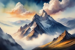 A watercolor illustration of a mountain range, with misty clouds swirling around the peaks, creating an aura of mystery and grandeur. The soft washes of color capture the essence of the landscape, evoking a sense of wonder and reverence.