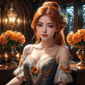 (masterpiece:1.4), (best quality:1.4), fantasy, extremely detailed, intricate, hyper-detailed, illustration, soft lighting, 1girl, Orange hair_flower, dress, bend_over, grin, (perfect_face), sitting, desk, ornate, intricate, dramatic lighting, 4k, detailed_background, caustics, full_body, 