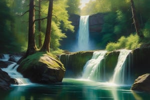 An oil painting that portrays the majestic beauty of a waterfall, with the water plunging from great heights, surrounded by a lush, verdant forest. The play of light on the water's surface and the surrounding foliage creates a sense of life and movement.