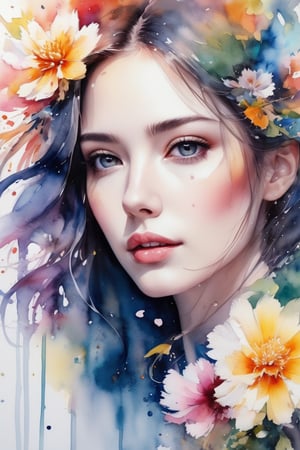 high quality, 8K Ultra HD, high detailed, Watercolor, wash technique, colorful, A painting with dripping and scattered paint, Painting like Agnes Cecile, blurry, pale touch, smudged outline, like a fairy tale, Beautiful woman made with flower colorage, expressing women using flowers and plants, cutting and combining petals and leaves, drawing women's hair and dresses using the colors and shapes of flowers, vivid colors and nature, luminism, three dimensional effect, enhanced beauty, Albert Anker, Feeling like John Howe, Greg Rutkowski, Feeling like Kyoto Animation, Artgerm, WLOP, Alphonse Beeple, luminism, Isometric, awesome full color,