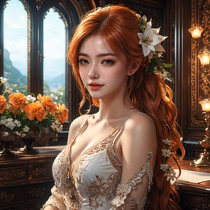 (masterpiece:1.4), (best quality:1.4), fantasy, extremely detailed, intricate, hyper-detailed, illustration, soft lighting, 1girl, Orange hair_flower, dress, bend_over, grin, (perfect_face), sitting, desk, ornate, intricate, dramatic lighting, 4k, detailed_background, caustics, full_body, 