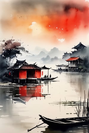 muted chinese ink painting, muted colors, rice paper texture, splash paint, Ninh Binh town, boat, red sun,  Old cottage. Lakeside. Morning light. Clouds wet to wet techniques.