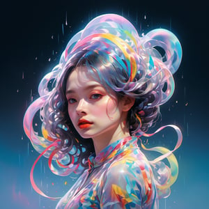 _james jean, floating female figure made of ribbons, smoke, in the sky, colorful and vibrant, mystical colors, contemporary impressionism, yanjun cheng portrait painting, iridescent painting, 3/4 perspective view, cute face, low angle, sweeping circling composition, large beautiful crystal eyes, big irises, UHD, HDR, 8K, (the most beautiful portrait in the world:1.5), ((masterpiece)), ((best quality)), photo, raw, 8k, high detailed, ultra-detailed, Trending on Artstation, Artgerm.