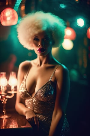 foggy nostalgic vibrant capture reminiscent of the 1920s Art Deco movement, walking busty sexy woman colorized portrait of a captivating afro albino passionate wet skin. Shot originally on old Polaroid film in hot old foggy room at Paris Crazy Horse Cabaret Club, still life, Sander's, bokeh effects, sparky lights