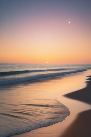 A photograph of a serene beach at dusk, where the sun kisses the horizon, casting a golden pathway on the tranquil waters. The waves gently lap at the shore, as the sky above transitions from warm, vibrant hues to soft, pastel shades.