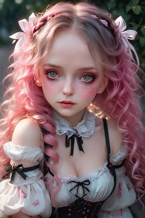 red green black eyes, rutkowski repin, wlop, natural pink hair realistic , image, bokeh, night, of an incredibly beautiful happy, woman anime style , large pefect eyes Jean-Baptiste Monge style, with highlights in her eyes, light freckles pink and white frilly dress and plaited hair with ribbons stanley artgerm lau style, wlop style, rossdraws style, outdoor hyper detailed , (((rich dark shadows))), Wlop, Artgem , artstation, cgsociety, 8K UHD, HDR