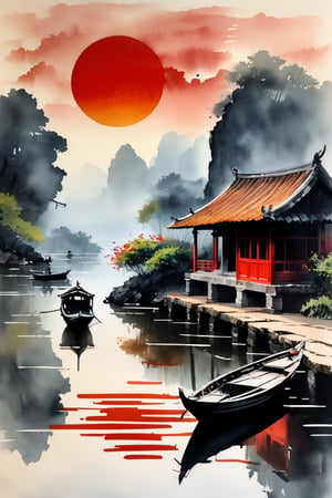 muted chinese ink painting, muted colors, rice paper texture, splash paint, Ninh Binh town, boat, red sun,  Old cottage. Lakeside. Morning light. Clouds wet to wet techniques.