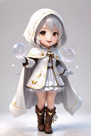 ,chibi,cute,white background,simple background,1girl, solo, looking_at_viewer, blush, smile, open_mouth, bangs, gloves, long_sleeves, dress, brown_eyes, full_body, :d, white_hair, boots, white_gloves, hood, chibi, cape, star_(symbol), white_dress, white_footwear, outstretched_arms, personification, hood_up, bubble, puffy_long_sleeves, white_cape, masterpiece, best quality, official art, extremely detailed cg 8k wallpaper,