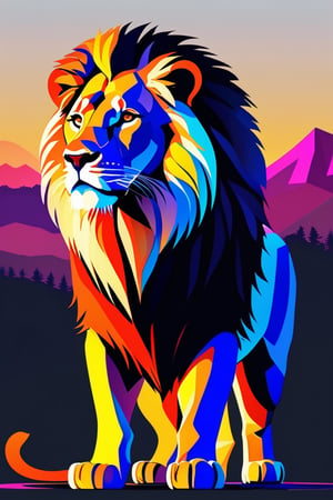 a silhouette design  of a lion, sunset design, t- shirt art, 3D vector art, cute and quirky, bright bold colorful.,  black background, watercolor effect, , digital painting, low-poly, soft lighting, bird's-eye view, isometric style, retro aesthetic, focused on the character, 4K resolution, photorealistic rendering, using Cinema 4D,front side