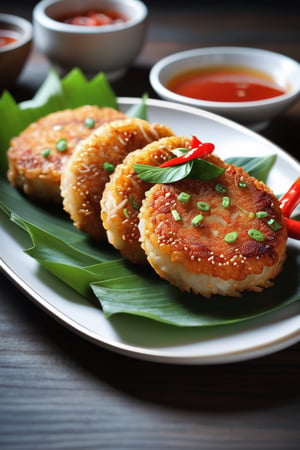 A colorful platter of crispy Thai fish cakes (Tod Mun Pla) served with sweet chili sauce(intricated detail:1.5),  8K,  RAW,  Trending on Artstation,  Artgerm, 