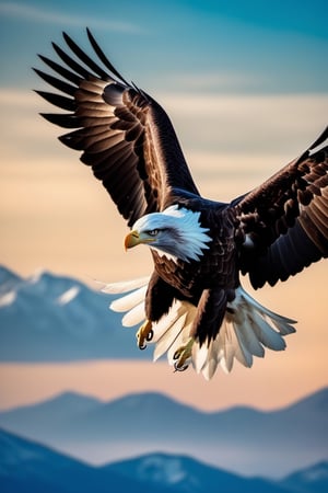 A photograph of a bald eagle in flight, its wings outstretched against a backdrop of a cerulean sky. Each feather is meticulously detailed, showcasing the avian prowess of this apex predator in its expansive, open-air domain.