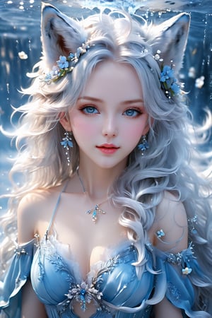 full body, masterpiece, best quality, official art, extremely detailed cg 8k wallpaper, (flying petals) (detailed ice) , crystals texture skin, cold expression, ((fox ears)), white hair, long hair, messy hair, blue eye, looking at viewer, extremely delicate and beautiful, water, ((beauty detailed eye)), highly detailed, cinematic lighting, (beautiful face), fine water surface, (original figure painting), ultra- detailed, incredibly detailed, (an extremely delicate and beautiful), beautiful detailed eyes, (best quality), (masterpiece,best quality:1.5)