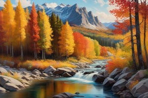 An oil painting depicting a mountainous terrain in the throes of fall, with trees cascading down the slopes in a riot of color. The landscape is alive with the vibrant energy of the changing seasons.