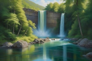 An oil painting that portrays the majestic beauty of a waterfall, with the water plunging from great heights, surrounded by a lush, verdant forest. The play of light on the water's surface and the surrounding foliage creates a sense of life and movement.