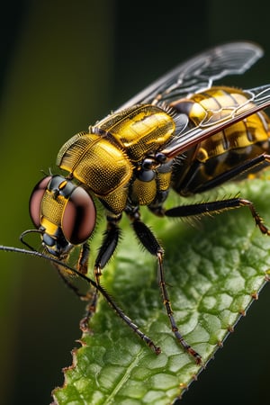 Capture the mesmerizing world of an insect in extreme detail with a super macro shot. Zoom in to reveal the intricate patterns of its exoskeleton, the delicate veins of its wings, and the tiny hairs that adorn its body. Let the play of light and shadow highlight the minuscule details, creating a visual spectacle that unveils the hidden beauty of the insect kingdom.