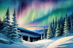 A watercolor illustration of a winter night, where the Northern Lights paint the sky with their iridescent hues, creating a sense of wonder and enchantment. The snow-covered trees below stand in silent reverence to this celestial dance.