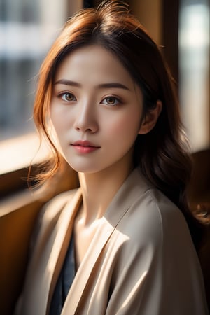 a  woman, Japanese 25 yo,(detailed eye:1.2) look to viewer, pose for advertising, sunlight thru the window, 8k photo, style of Annie Leibovitz