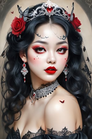 (traditional painting), (drawing), (illustration), (pencil style),
collarbone, red lips, strapless, lace, bug, butterfly, tattoo, black hair, choker, wavy hair, watermark, realistic, lips, silk, veil, tiara, tombstone, bat (animal), hair ornament, blood on face, bare shoulders, closed eyes, long hair
 