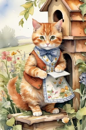 photorealistic, Mischievous Ginger cat with bushy-tail; dressed in a tiny waistcoat; rummaging through an intricately designed birdhouse Style is delicate watercolor with timeless, classic children’s book illustrations, in an idyllic countryside, featuring detailed botanical elements and a gentle, warm atmosphere. ,hyper detailed,