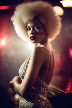 foggy nostalgic vibrant capture reminiscent of the 1920s Art Deco movement, walking busty sexy woman colorized portrait of a captivating afro albino passionate wet skin. Shot originally on old Polaroid film in hot old foggy room at Paris Crazy Horse Cabaret Club, still life, Sander's, bokeh effects, sparky lights