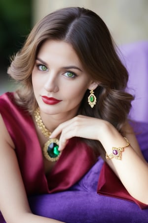 Create a  photo of beautiful netherlands women  looking at the viewer with loving eyes. she has shoulder long brown wavy hair, beautiful green eyes, red lips of an angel,tanned face. she is wearing golden necklace and earings, violet silk tunic with cleavage, warm red lipstick.. her head is resting upon her hand. high detailed, perfect lighting.warm colors, ,High detailed ,side lighting.