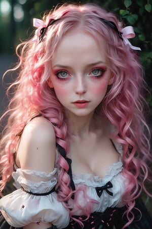 red green black eyes, rutkowski repin, wlop, natural pink hair realistic , image, bokeh, night, of an incredibly beautiful happy, woman anime style , large pefect eyes Jean-Baptiste Monge style, with highlights in her eyes, light freckles pink and white frilly dress and plaited hair with ribbons stanley artgerm lau style, wlop style, rossdraws style, outdoor hyper detailed , (((rich dark shadows))), Wlop, Artgem , artstation, cgsociety, 8K UHD, HDR