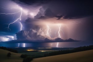 A photograph capturing an incredible shot of a lightning storm, where jagged bolts of electricity streak across the sky, illuminating the landscape with a brilliant, ethereal glow. The dark clouds roil and churn, creating a dramatic backdrop for nature's electric display.