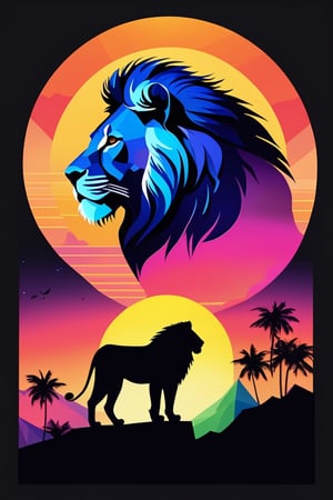 a silhouette design  of a lion, sunset design, t- shirt art, 3D vector art, cute and quirky, bright bold colorful.,  black background, watercolor effect, , digital painting, low-poly, soft lighting, bird's-eye view, isometric style, retro aesthetic, focused on the character, 4K resolution, photorealistic rendering, using Cinema 4D,front side