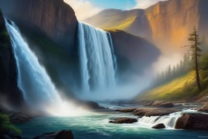A digital painting showcasing a powerful waterfall framed by rugged cliffs, where the water crashes down in a spectacular display of nature's force. The mist rises like a veil, shrouding the falls in an aura of mystery and enchantment.