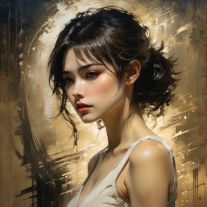 background - rough burlap, relief, oil painting, thin smooth lines, long strokes, light delicate shades, clear contours. + 36.5mm f0 cinematic quality, + style by Jeremy Mann, Peter Elson, Alex Maleev, Ryohei Hase, Raphael Sanzio, Pino Daeni, Charlie Bowater, Albert Joseph Penaud, Ray Caesar, HR Giger, Gustave Dore, Stephen Gammell, masterpiece, perfect anatomy, beautiful face, artistic portrait, multi-layered sheets, techniques used: sfumato, chiaroscuro, atmospheric perspective, acrylic painting, trends on pixiv fanbox, palette knife and brush strokes, makoto shinkai style Jamie Wyeth James Gillard Edward Hopper Greg Rutkowski studio Ghibli genshin Impact, painting