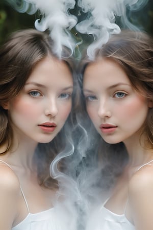 A photograph of a surreal scene, two ethereal faces formed entirely of wispy white smoke, mirroring each other in symmetry, their profiles delicately touching. From the point where their lips nearly meet, a gentle stream of smoke descends, culminating in a lit candle standing solitary on a smooth surface. (best quality), (masterpiece,best quality:1.5)