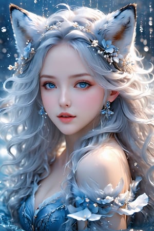 full body, masterpiece, best quality, official art, extremely detailed cg 8k wallpaper, (flying petals) (detailed ice) , crystals texture skin, cold expression, ((fox ears)), white hair, long hair, messy hair, blue eye, looking at viewer, extremely delicate and beautiful, water, ((beauty detailed eye)), highly detailed, cinematic lighting, (beautiful face), fine water surface, (original figure painting), ultra- detailed, incredibly detailed, (an extremely delicate and beautiful), beautiful detailed eyes, (best quality), (masterpiece,best quality:1.5)