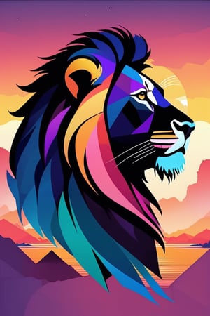 a silhouette design  of a lion, sunset design, t- shirt art, 3D vector art, cute and quirky, bright bold colorful.,  black background, watercolor effect, , digital painting, low-poly, soft lighting, bird's-eye view, isometric style, retro aesthetic, focused on the character, 4K resolution, photorealistic rendering, using Cinema 4D,front side