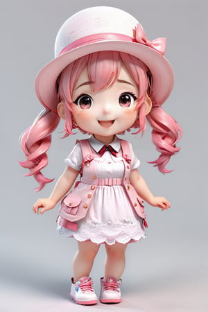 3D render, chibi,cute,white background,simple background,1girl, solo, blush, smile, open_mouth, hat, dress, twintails, full_body, pink_hair, one_eye_closed, pink_eyes, chibi, blush_stickers, eyepatch, masterpiece, best quality, official art, extremely detailed cg 8k wallpaper,