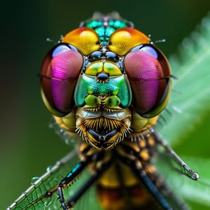 Zoom in on the jeweled eyes of a dragonfly, revealing the mesmerizing facets that make up its gaze. Showcase the iridescent colors and the intricate structure of its eyes in a super macro shot that captures the essence of this aerial acrobat.