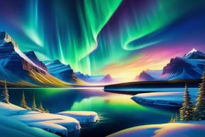 A digital painting that brings to life the enchanting spectacle of the Northern Lights, with their vibrant hues swirling and cascading like a celestial waterfall. The stars above twinkle in approval, creating a scene straight out of a dream.