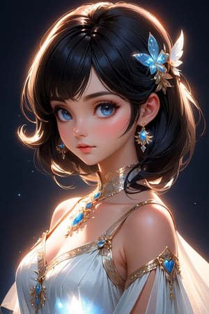 (masterpiece), realistic, (portrait of a girl), beautiful face, sunlight, cinematic light, bangs, a beautiful woman, beautiful eyes, black hair, perfect anatomy, very cute, princess eyes , (black eyes) , (frame the head), Centered image, stylized, bioluminescence, 8 life size,8k Resolution, white low-cut dress with small blue details, human hands, wonder full, elegant, approaching perfection, dynamic, highly detailed, character sheet, concept art, smooth, facing directly at the viewer positioned so that their body is symmetrical and balanced, stunningly beautiful teenage girl, detailed hairstyle,